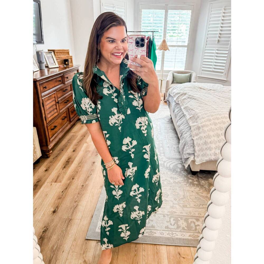 entro Forest Green Floral Collared Midi Dress